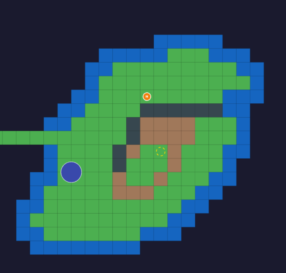 Hexman map editor showing a tile-based island with player tokens
